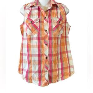 C.E. Schmidt Pink and Orange Plaid Sleeveless Cotton Button Up Shirt